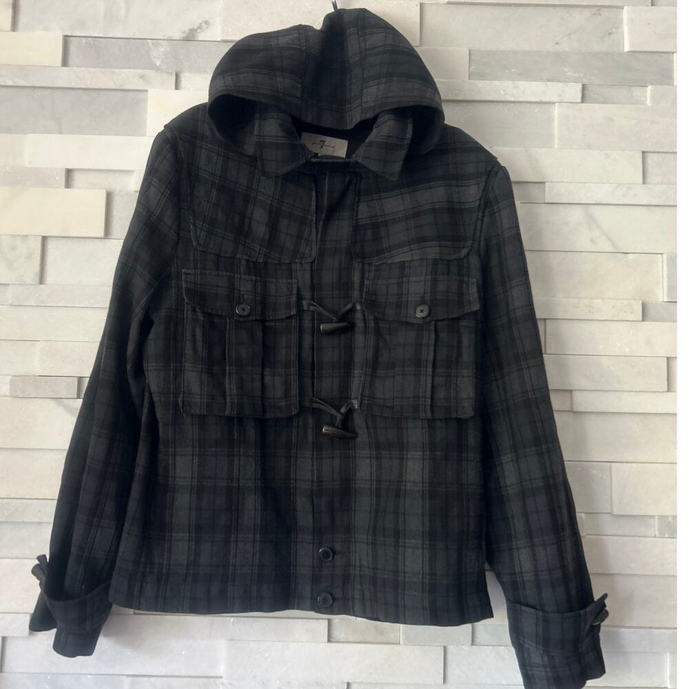 7 FOR ALL MANKIND Wool Blend Gray Black Plaid Removable Hood Toggles Jacket  L
